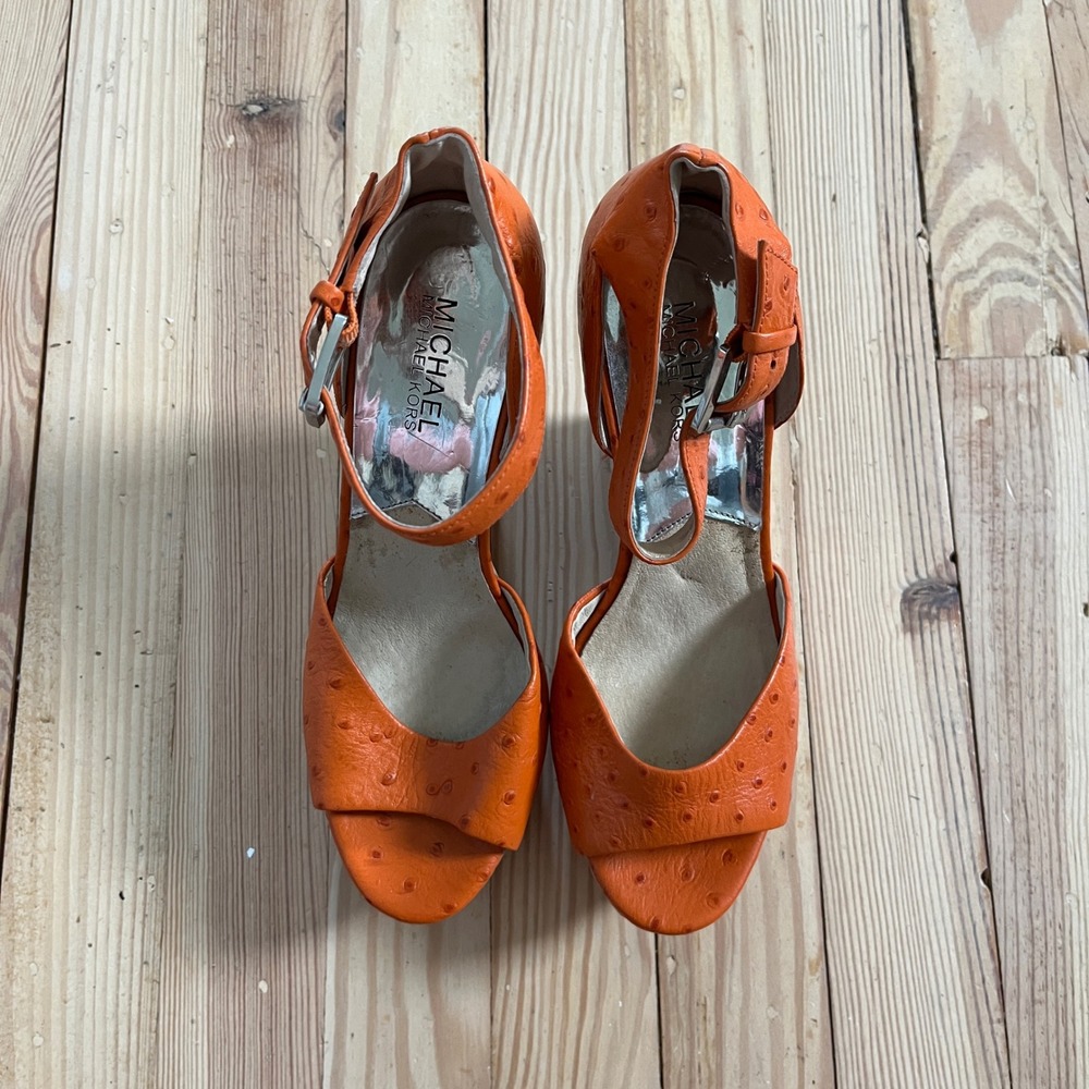 Michael Kors Orange Ostrich Embossed Cork Platform Ariana Wedge Sandals 8M y2k - Picture 5 of 7